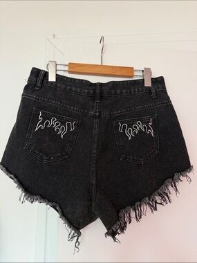 Black Distressed Denim Shorts with Flame Embroidery